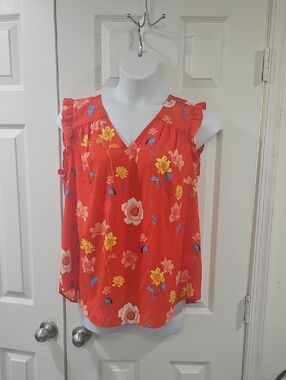 LOFT Coral Floral V-Neck Ruffle Strap Camisole